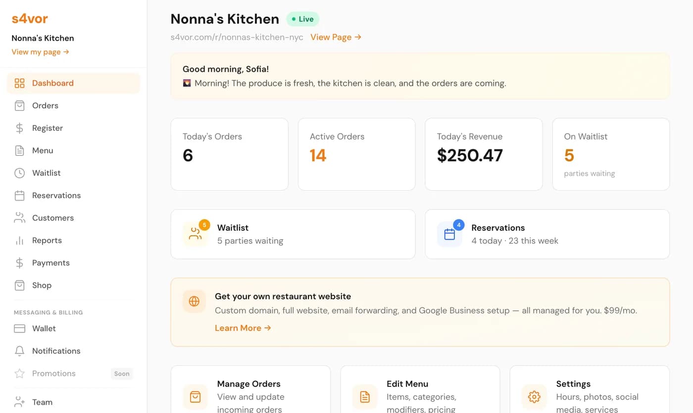 S4VOR restaurant dashboard showing orders, revenue, and tools